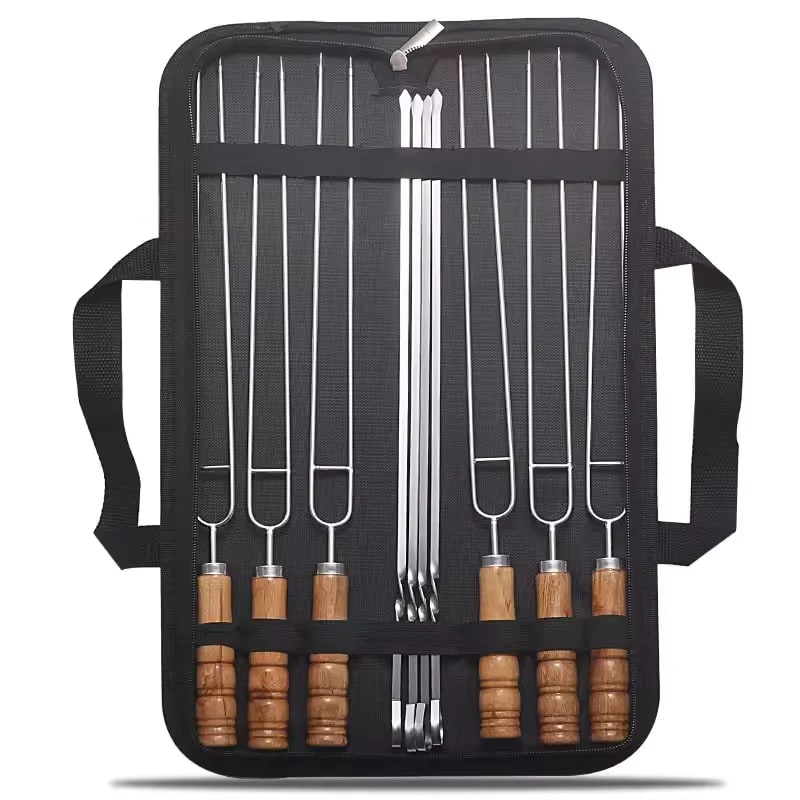 10-Piece Stainless Steel BBQ Skewer Fork Set with Beech Wood Handles