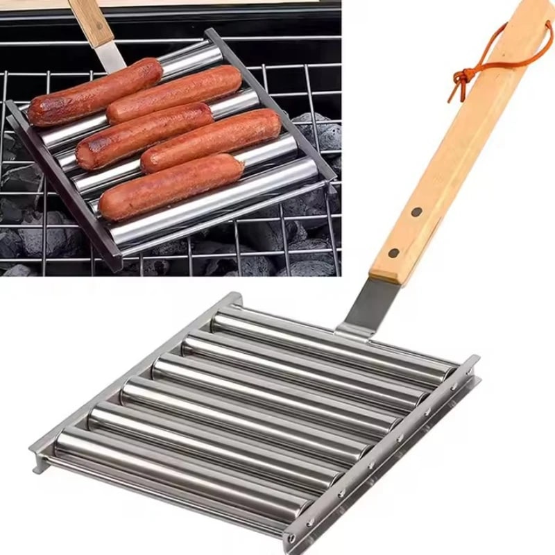 Stainless Steel Rolling Sausage and Hot Dog BBQ Rack with Detachable Wooden Handle