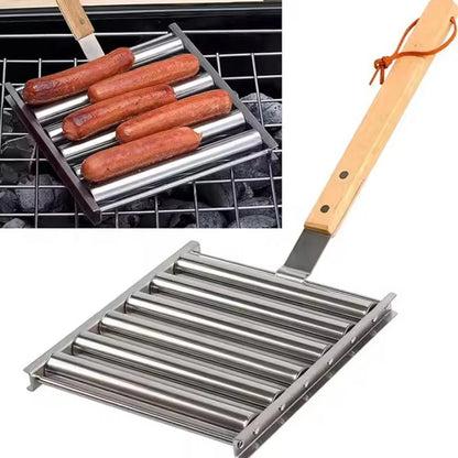 Stainless Steel Rolling Sausage and Hot Dog BBQ Rack with Detachable Wooden Handle