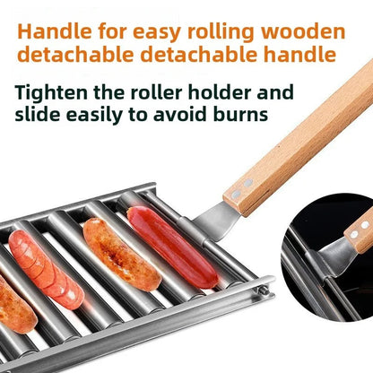 Stainless Steel Rolling Sausage and Hot Dog BBQ Rack with Detachable Wooden Handle