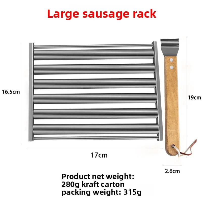 Stainless Steel Rolling Sausage and Hot Dog BBQ Rack with Detachable Wooden Handle - LARGE