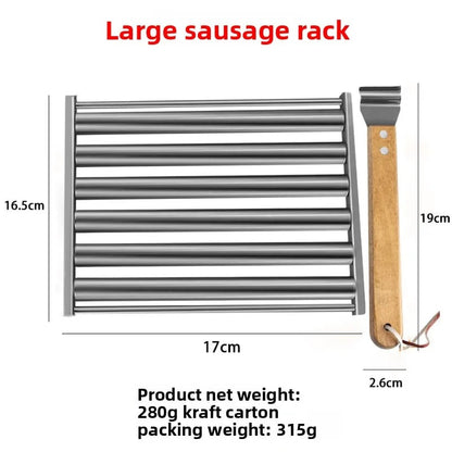 Stainless Steel Rolling Sausage and Hot Dog BBQ Rack with Detachable Wooden Handle - LARGE