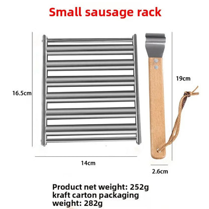 Stainless Steel Rolling Sausage and Hot Dog BBQ Rack with Detachable Wooden Handle - SMALL