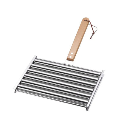 Stainless Steel Rolling Sausage and Hot Dog BBQ Rack with Detachable Wooden Handle
