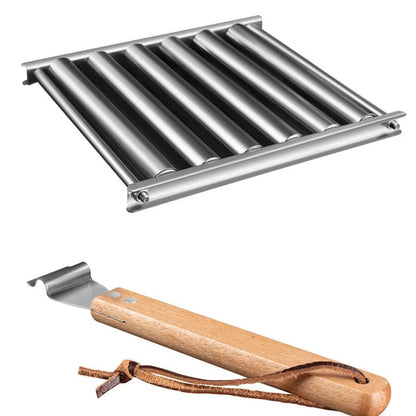Stainless Steel Rolling Sausage and Hot Dog BBQ Rack with Detachable Wooden Handle