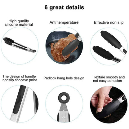 Silicone-Tipped BBQ Tongs, Stainless Steel, 9 or 12 Inch, Red or Black