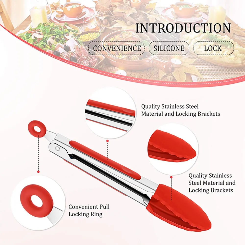 Silicone-Tipped BBQ Tongs, Stainless Steel, 9 or 12 Inch, Red or Black