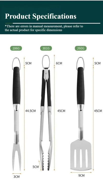 3-Piece Stainless Steel BBQ Tool Set with Fork, Tongs and Spatula