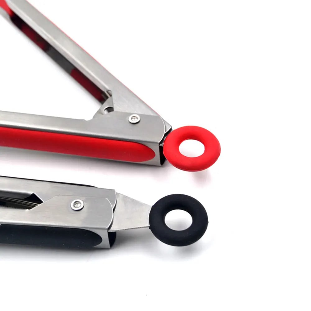 Silicone-Tipped BBQ Tongs, Stainless Steel, 9 or 12 Inch, Red or Black