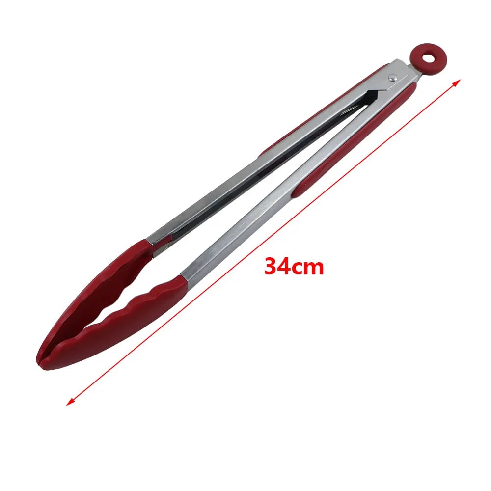 Silicone-Tipped BBQ Tongs, Stainless Steel, 9 or 12 Inch, Red or Black - 12 inch Red