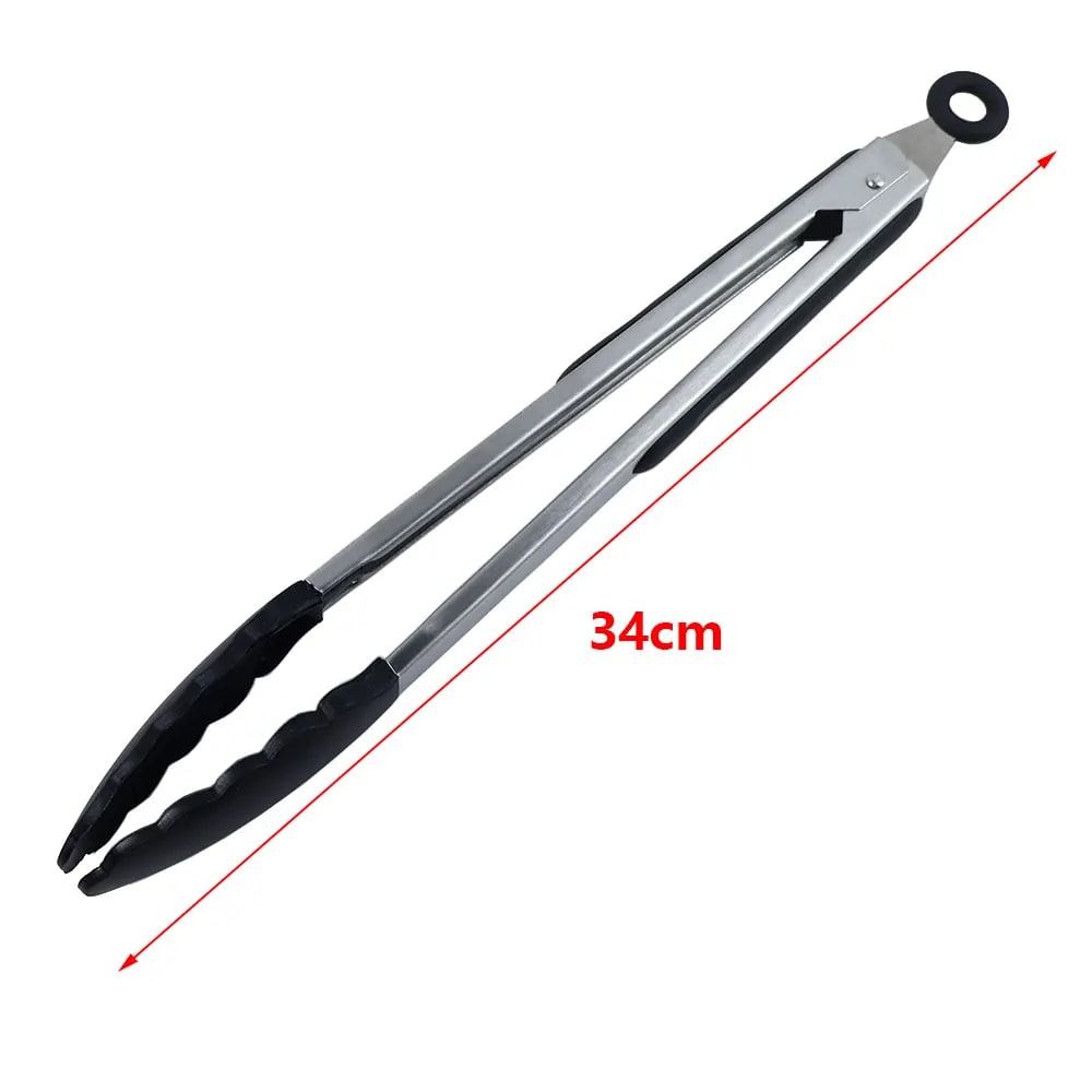 Silicone-Tipped BBQ Tongs, Stainless Steel, 9 or 12 Inch, Red or Black - 12 inch Black