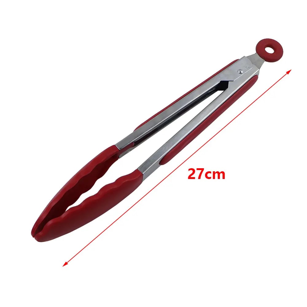 Silicone-Tipped BBQ Tongs, Stainless Steel, 9 or 12 Inch, Red or Black - 9 inch Red