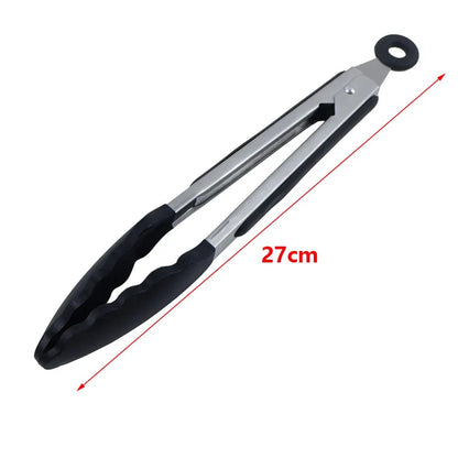 Silicone-Tipped BBQ Tongs, Stainless Steel, 9 or 12 Inch, Red or Black - 9 inch Black
