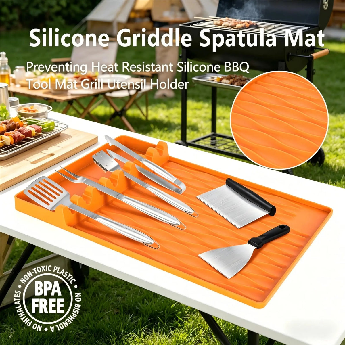 Silicone BBQ Mat with Drain Tray, Non-Slip Heat-Resistant Utensil Holder