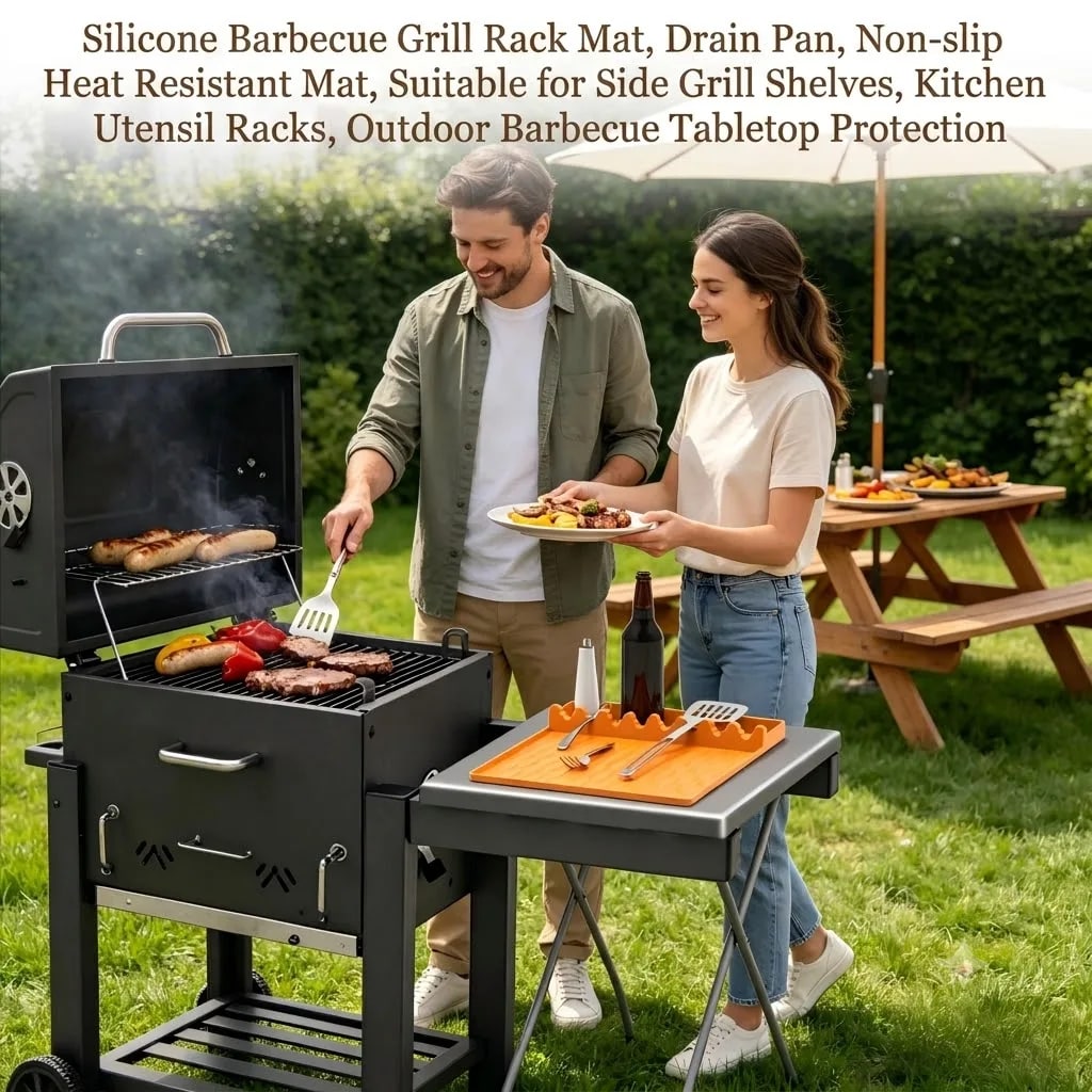 Silicone BBQ Mat with Drain Tray, Non-Slip Heat-Resistant Utensil Holder