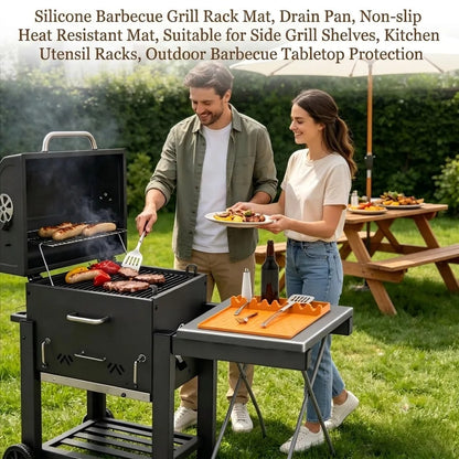 Silicone BBQ Mat with Drain Tray, Non-Slip Heat-Resistant Utensil Holder