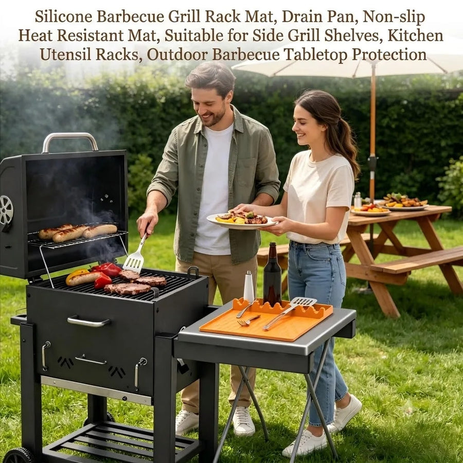 Silicone BBQ Mat with Drain Tray, Non-Slip Heat-Resistant Utensil Holder