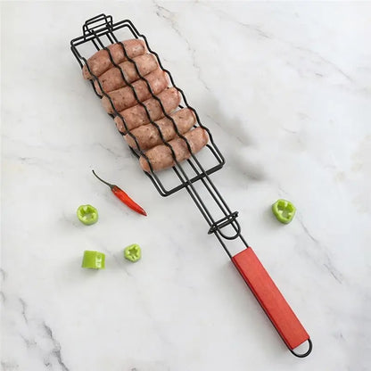 Sausage Grilling Basket with Iron Basket and Wooden Handle