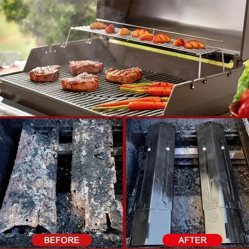 Adjustable Steel BBQ Heat Plate Shield Pair, Flame Tamer Burner Covers, Silver or Black