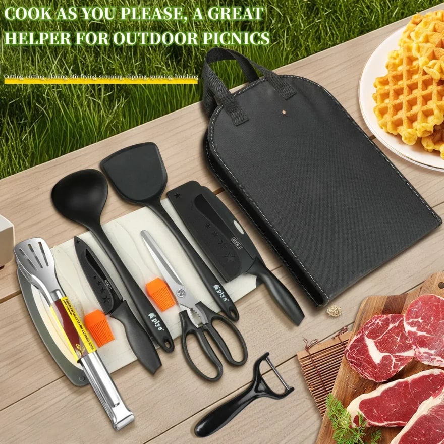 Portable 10-Piece Metal BBQ and Outdoor Cooking Tool Set with Carry Case