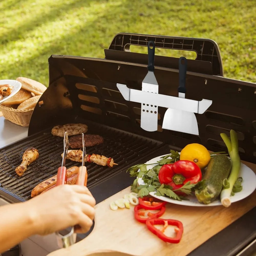 Stainless Steel Griddle Spatula Holders, 2-Piece Silver BBQ Tool Rack, 15 x 2.5 x 1cm