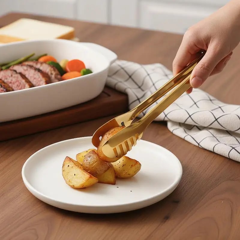 Stainless Steel Food Tongs, 23.5cm Shiny Gold BBQ & Serving Tongs