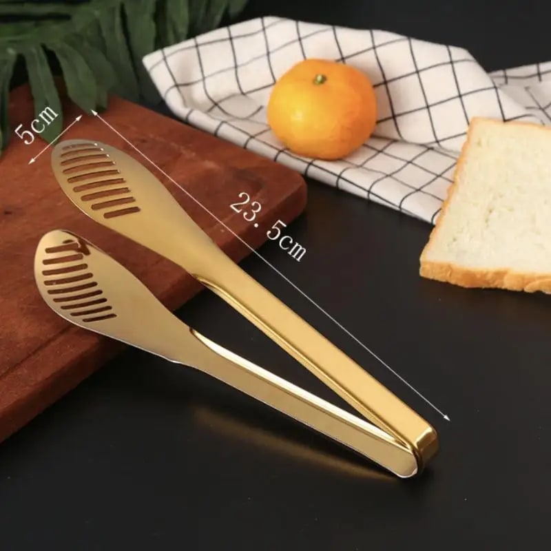 Stainless Steel Food Tongs, 23.5cm Shiny Gold BBQ & Serving Tongs - E