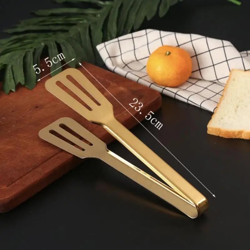 Stainless Steel Food Tongs, 23.5cm Shiny Gold BBQ & Serving Tongs - F
