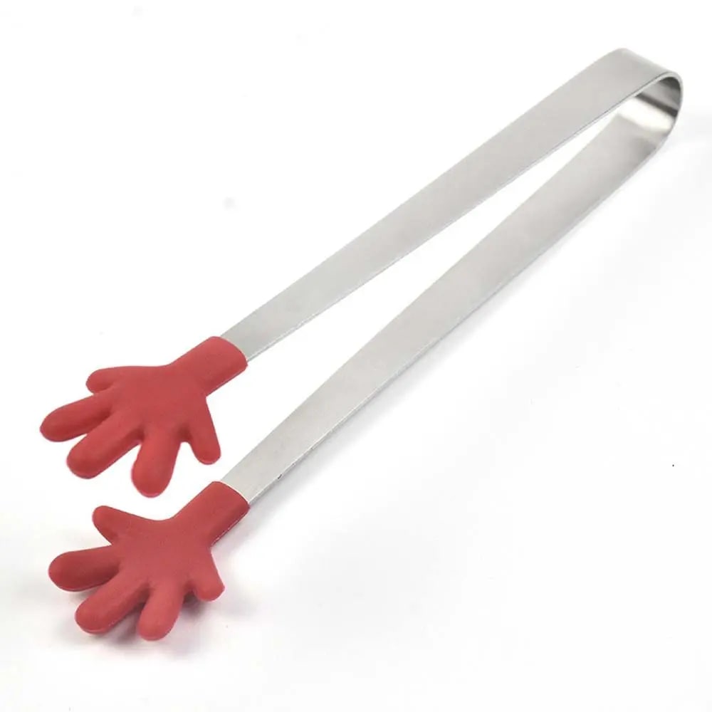 Stainless Steel Food Tongs 13.5cm BBQ Snack Bread Ice Cube Clips - red-Hand Shape