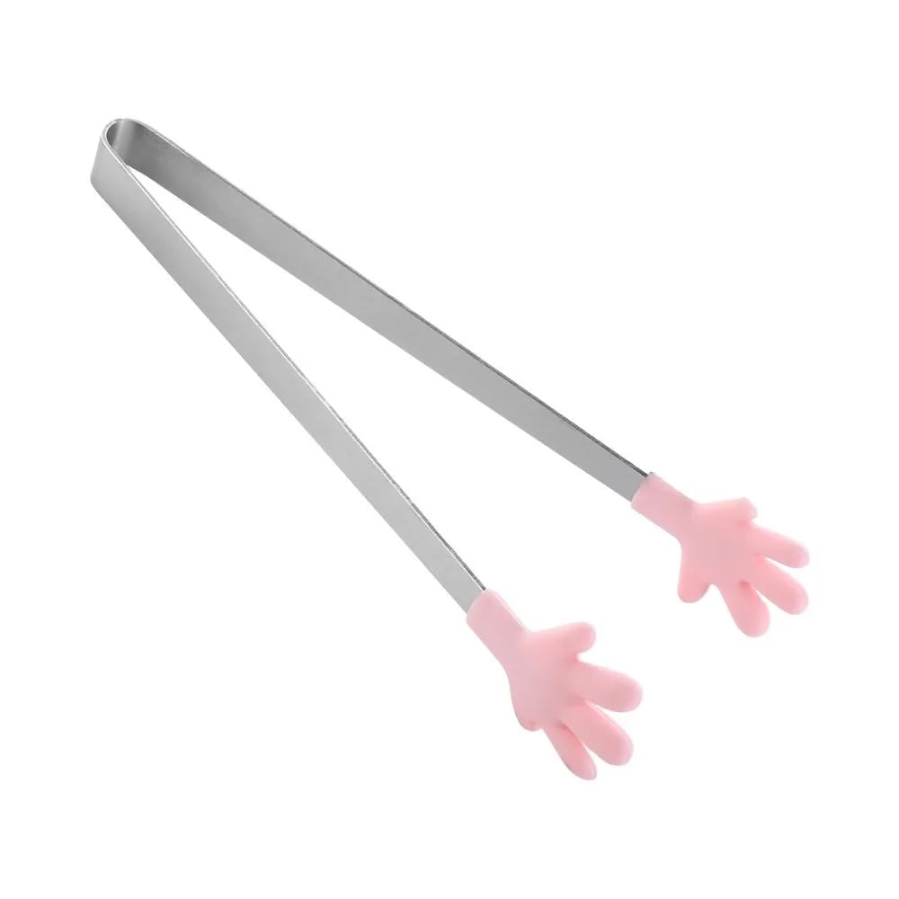 Stainless Steel Food Tongs 13.5cm BBQ Snack Bread Ice Cube Clips - pink-Hand Shape