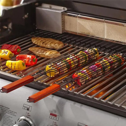 4-Piece Portable BBQ Grilling Basket Set, Iron and Wood, 4.5 x 3.5 x 48.5cm