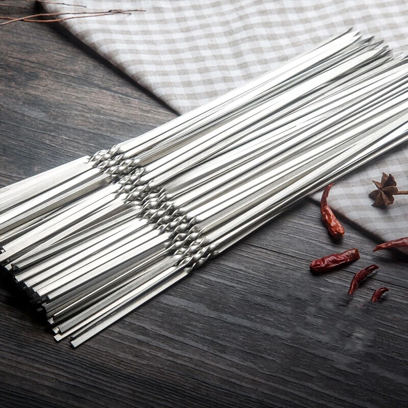 Reusable Stainless Steel BBQ Skewers, 330mm Flat Kebab Forks