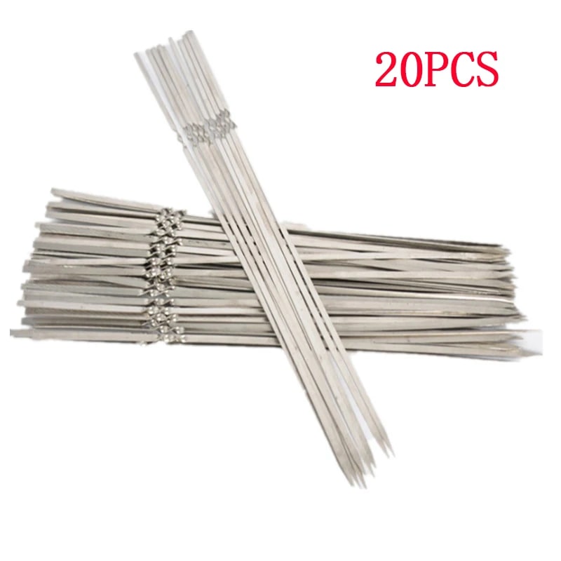 Reusable Stainless Steel BBQ Skewers, 330mm Flat Kebab Forks - 20pcs forks