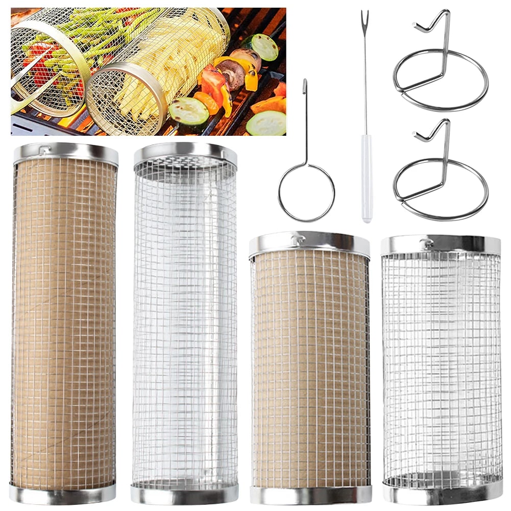 Metal Rolling BBQ Grill Basket Set for Camping and Picnics, Small or Large