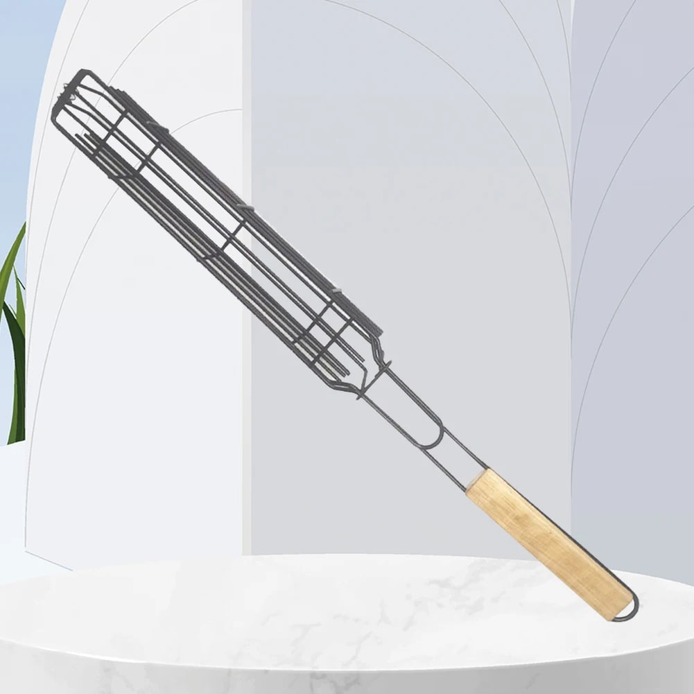 Stainless Steel BBQ Grilling Basket with Wooden Handle, 49 x 5cm