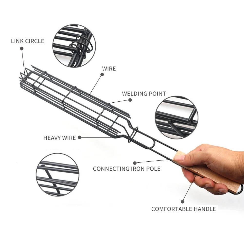 Stainless Steel BBQ Grilling Basket with Wooden Handle, 49 x 5cm