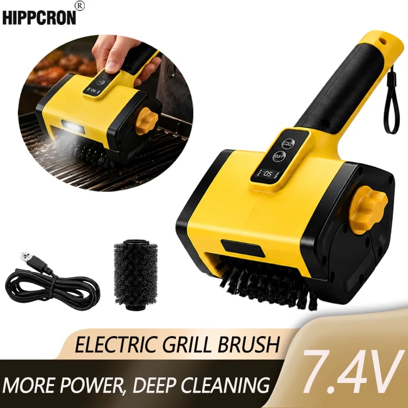 Hippcron 7.4V Electric BBQ Brush with 304 Stainless Steel Bristles, LED Light and 2 Speeds