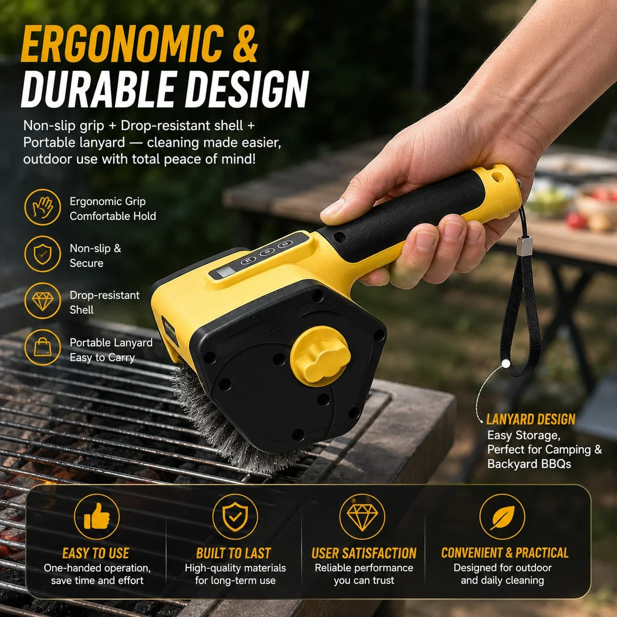 Hippcron 7.4V Electric BBQ Brush with 304 Stainless Steel Bristles, LED Light and 2 Speeds