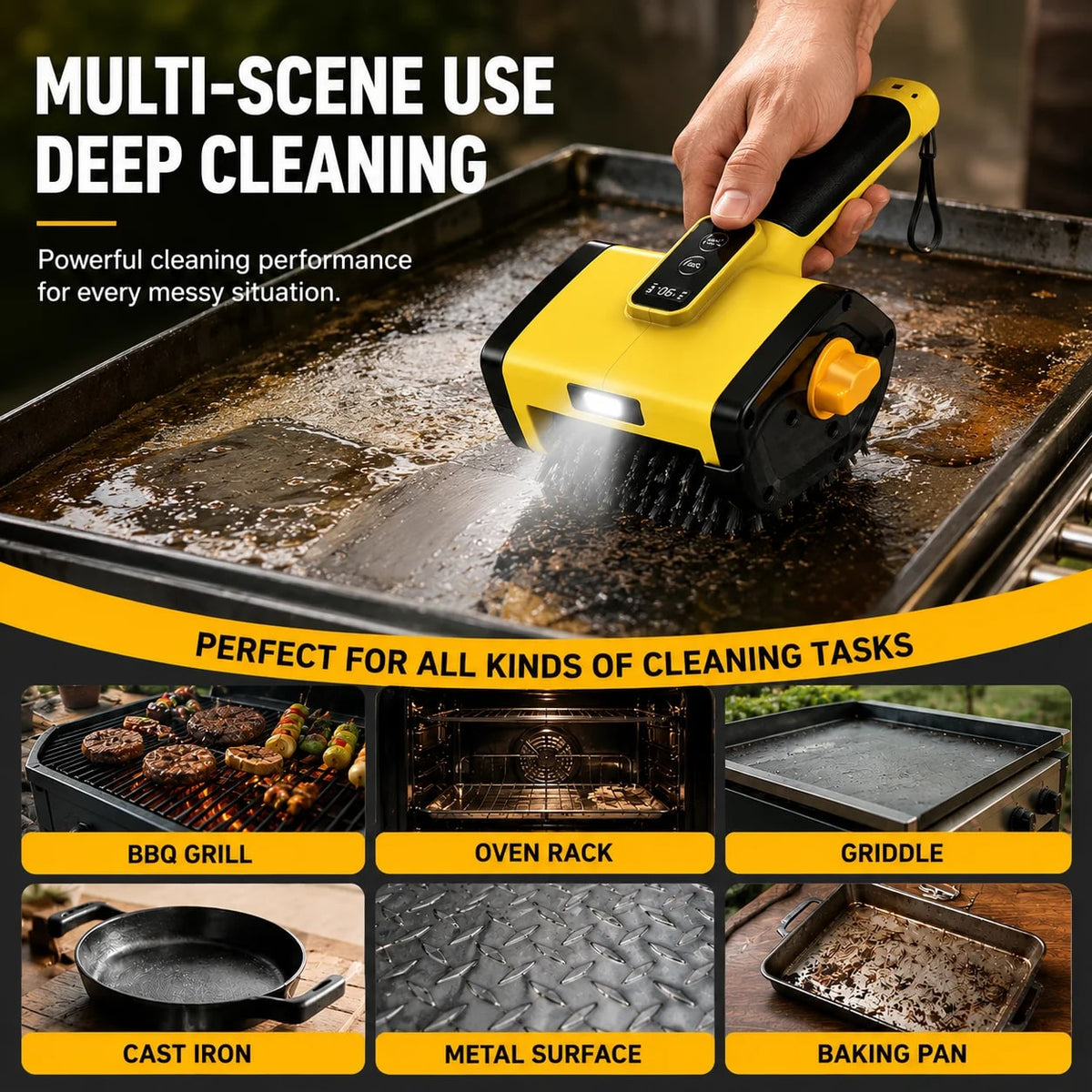 Hippcron 7.4V Electric BBQ Brush with 304 Stainless Steel Bristles, LED Light and 2 Speeds