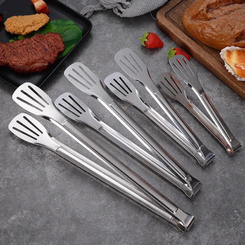 Stainless Steel BBQ Tongs, Small or Large Slotted Food Serving Tongs