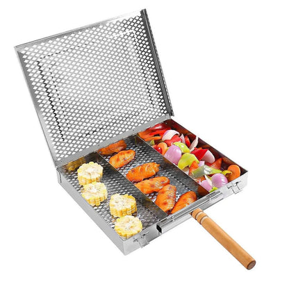 bbqdeals Stainless Steel BBQ Grill Basket with Wooden Handle, Removable