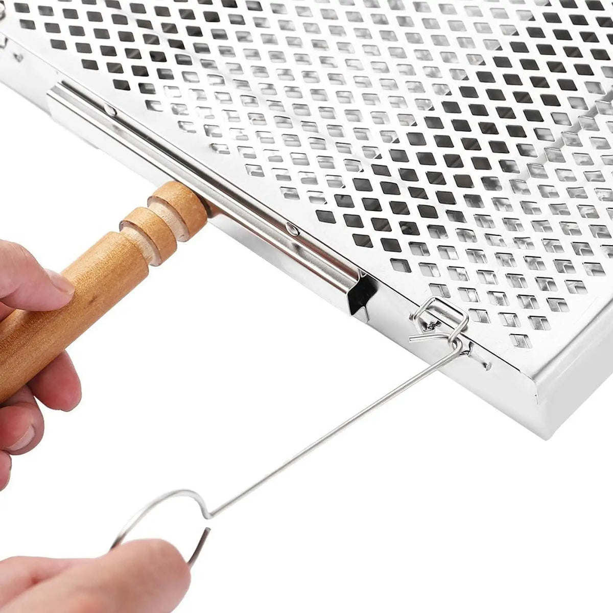 bbqdeals Stainless Steel BBQ Grill Basket with Wooden Handle, Removable