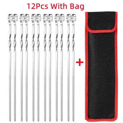 Stainless Steel BBQ Skewers, 45cm Flat Grill Sticks with Storage Bag - 12Pcs With Bag