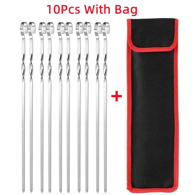 Stainless Steel BBQ Skewers, 45cm Flat Grill Sticks with Storage Bag - 10Pcs With Bag