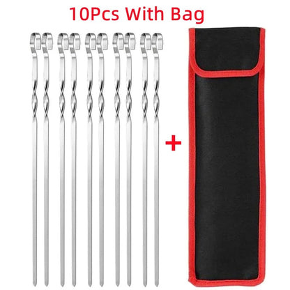 Stainless Steel BBQ Skewers, 45cm Flat Grill Sticks with Storage Bag - 10Pcs With Bag
