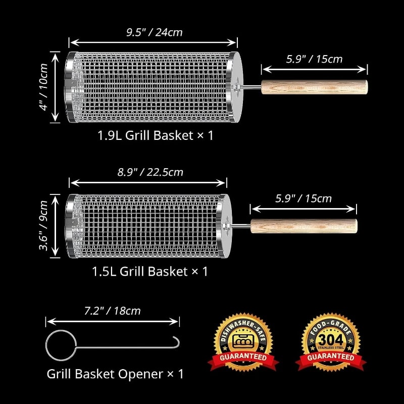 Rolling BBQ Grill Basket, 304 Stainless Steel, 1.5L or 1.9L