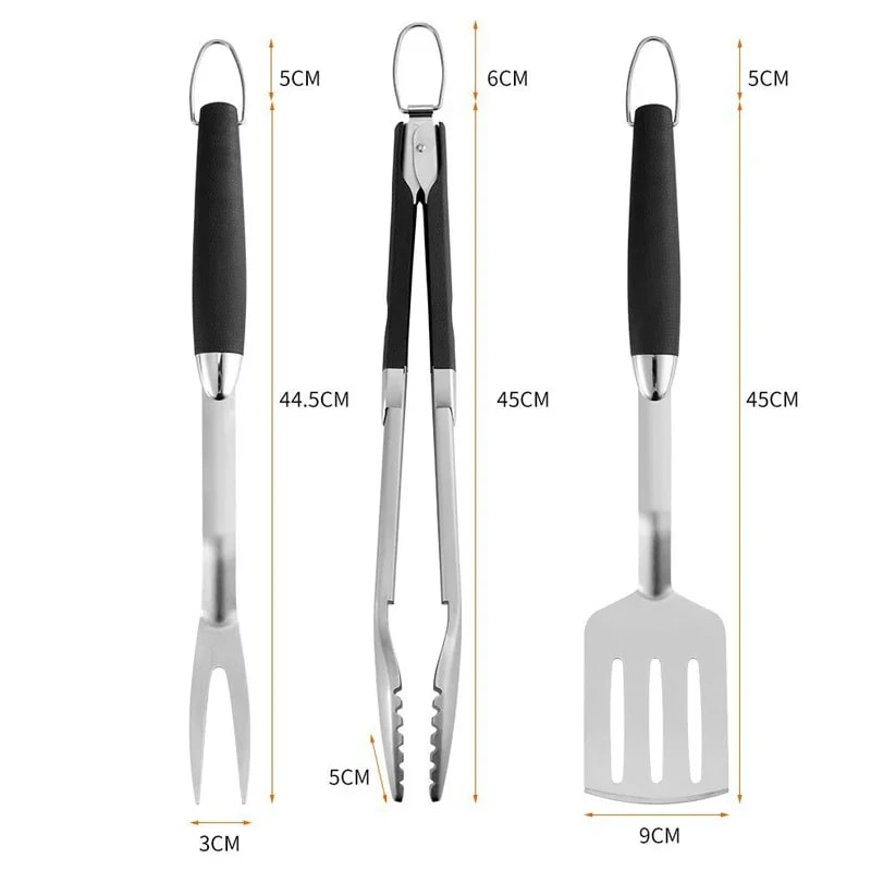 Stainless Steel BBQ Tool Set, 3-Piece Fork, Tongs and Spatula