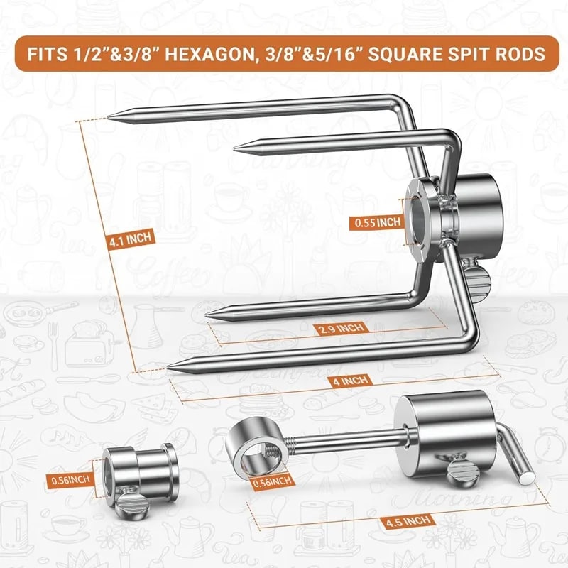 Stainless Steel Rotisserie Meat Forks, 4-Prong Pair for BBQ Spit Rods