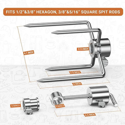 Stainless Steel Rotisserie Meat Forks, 4-Prong Pair for BBQ Spit Rods