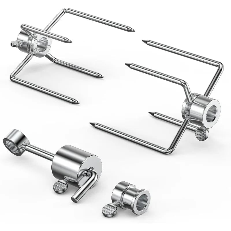 Stainless Steel Rotisserie Meat Forks, 4-Prong Pair for BBQ Spit Rods - (1-Pair) Kit